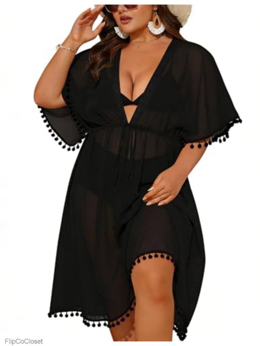 Plus Size Chiffon Kimono Swimsuit Cover Up with Pom Pom Trim Lace Deep V Neck